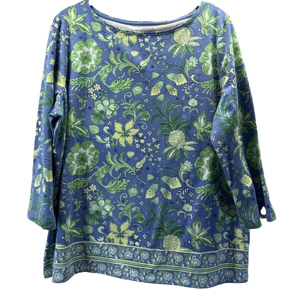 Talbots Tops - Talbots Tee Women's Top XL Petite XLP Blue Green Mixed Floral Print 3/4 Sleeve
